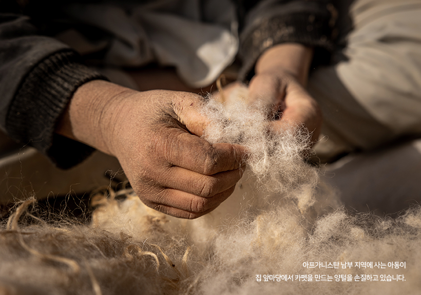 아프가니스탄 남부 지역에 사는 아동이 집 앞마당에서 카펫을 만드는 양털을 손질하고 있습니다.